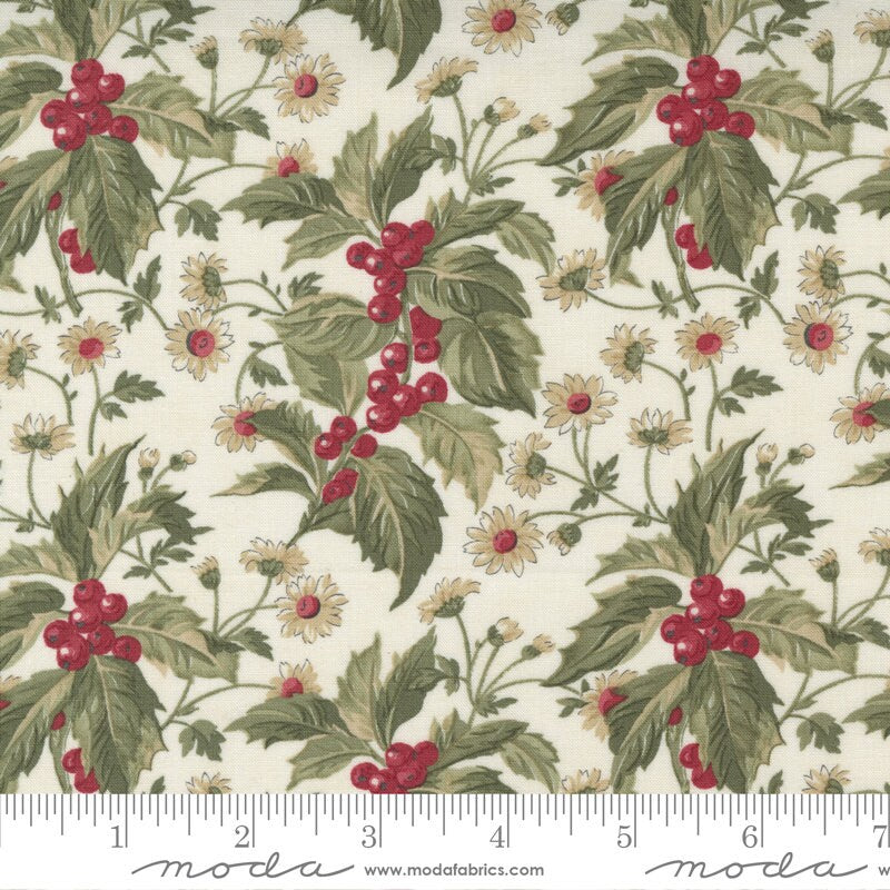 REMNANT 31" of Poinsettia Plaza - Christmas Holly Berry Small Floral Cream Fabric, Moda 44291 11, Cotton Quilt Fabric, 3 Sisters