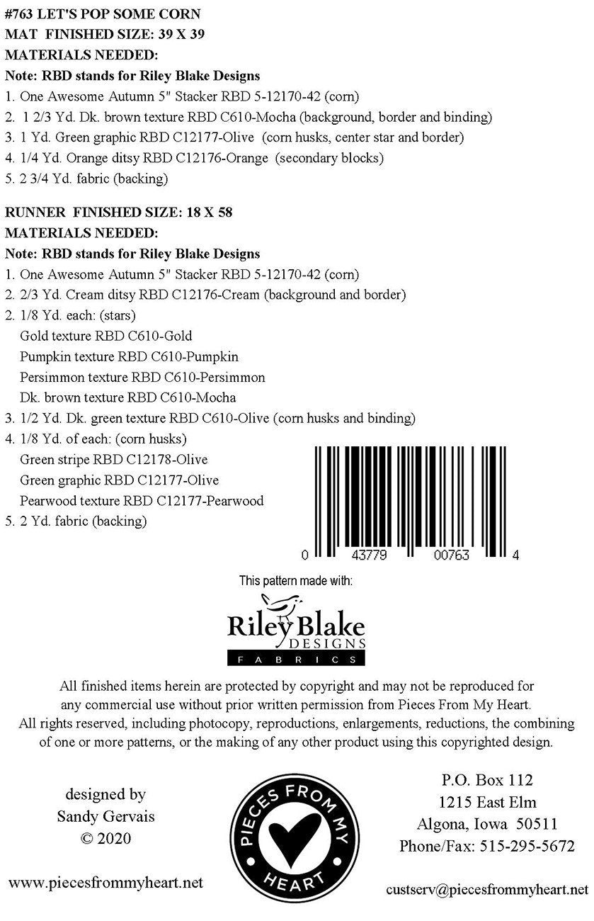 Let's Pop Some Corn Quilt Pattern, Pieces From My Heart PM763, Charm Pack Friendly Thanksgiving Quilted Table Runner Topper, Sandy Gervais
