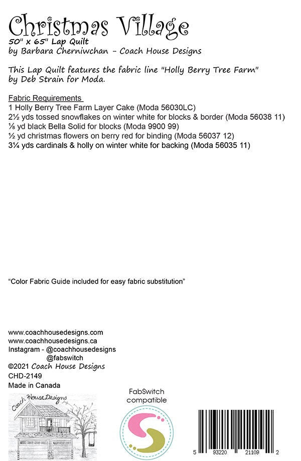 Christmas Village Quilt Pattern, Coach House Designs CHD-2149, Layer Cake Friendly, Christmas Xmas Houses Trees Lap Throw Quilt Pattern