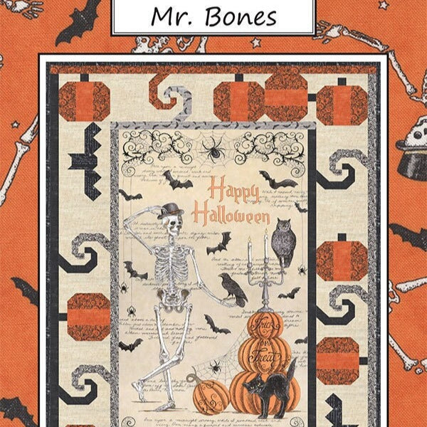 Mr Bones Quilt Pattern, Coach House Designs CHD-2151, Fabric Panel Friendly, Halloween Wall Lap Quilt Pattern, Bats Pumpkins Quilt Pattern