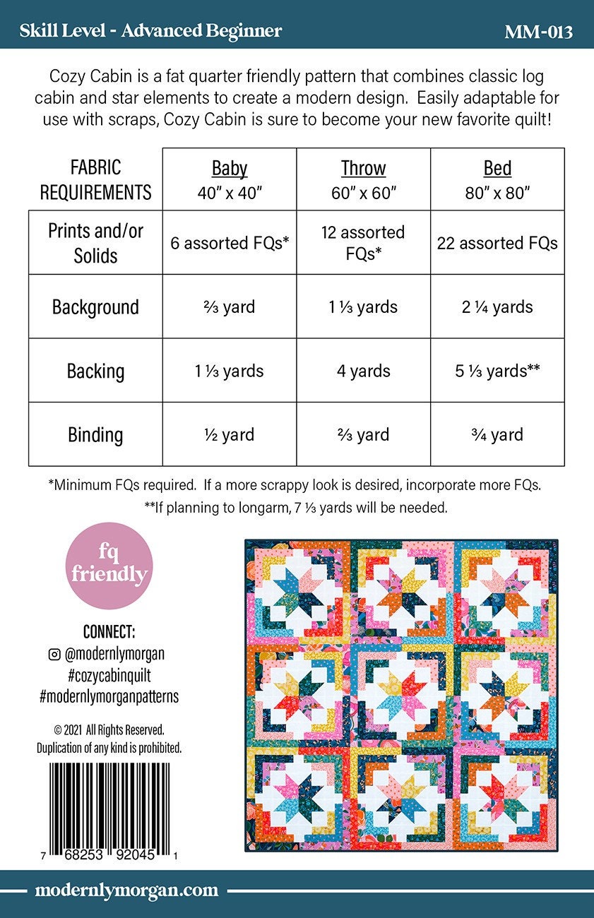 Cozy Cabin Quilt Pattern, Modernly Morgan MM-013, Fat Quarter Yards Friendly Star Baby Throw Queen Bed Quilt Pattern, Morgan McCollough
