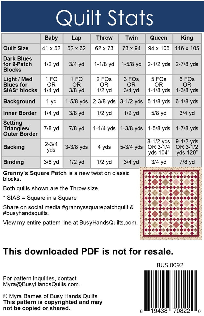 Granny's Square Patch Quilt Pattern, Busy Hands Quilts BUS0092, Yardage Friendly Modern Granny Square Quilt, Baby Throw Bed Quilt Pattern