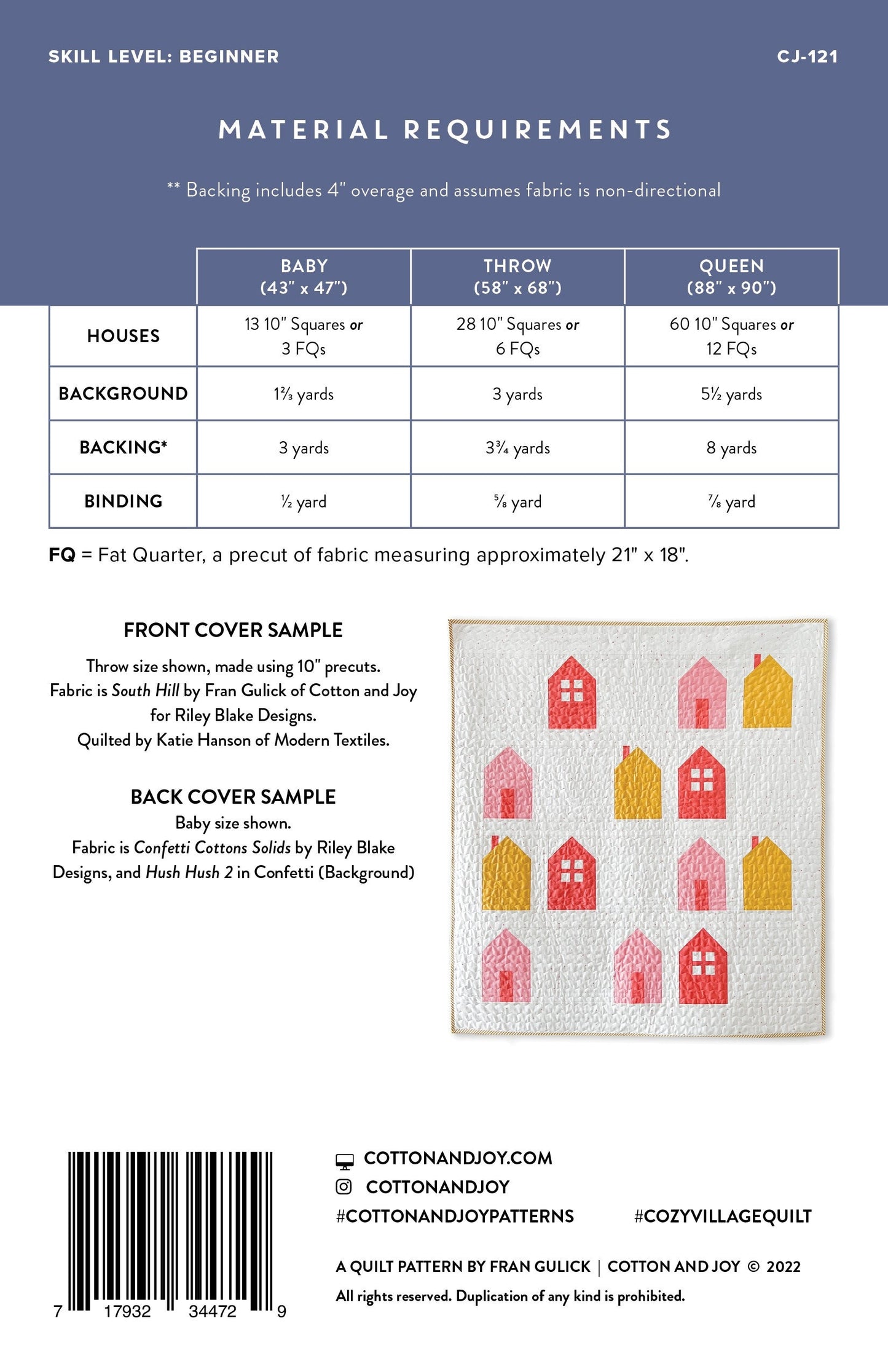 Cozy Village Quilt Pattern, Cotton and Joy CJ121, Fat Quarter Layer Cake Friendly Houses Homes Baby Bed Throw Queen Quilt Pattern