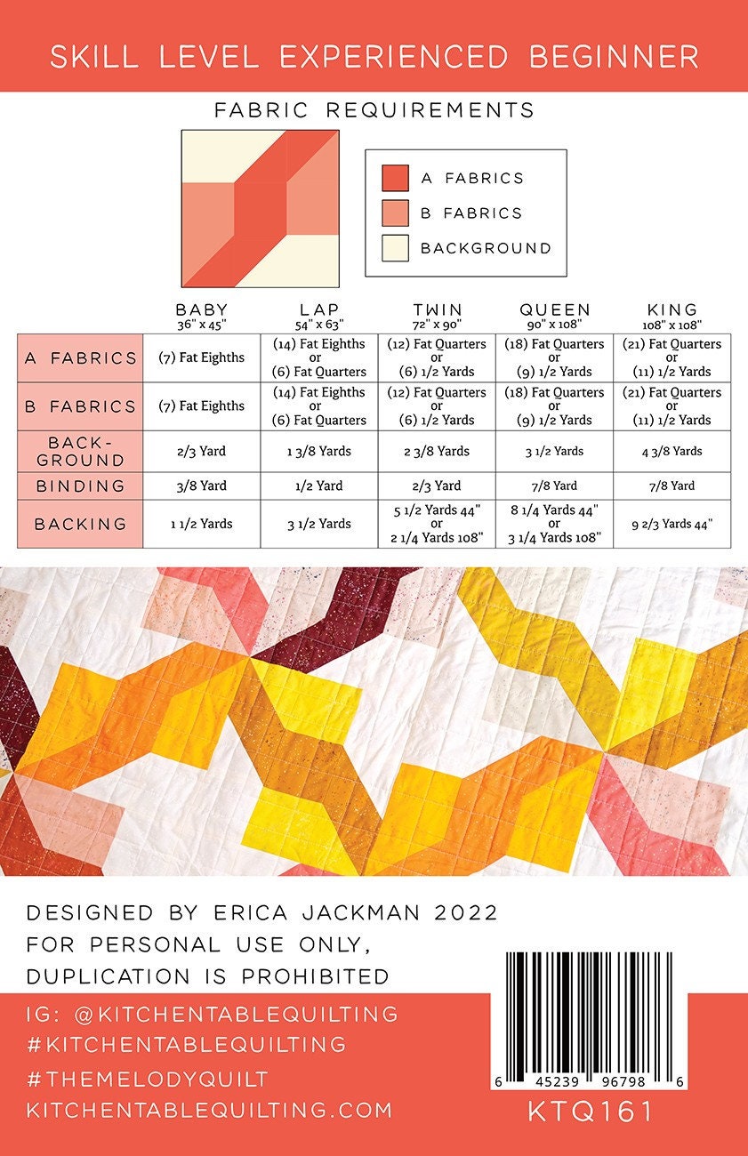 The Melody Quilt Pattern, Kitchen Table Quilting KTQ161, Fat Quarter Fat Eighths FQ F8 Friendly Baby Lap Twin Queen King Bed Quilt Pattern