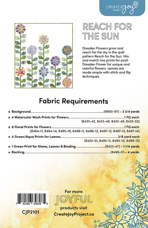 Reach for the Sun Quilt Pattern, Create Joy Project CJP2101, Fat Quarter FQ Friendly Pattern, Dresden Flowers Quilt Pattern
