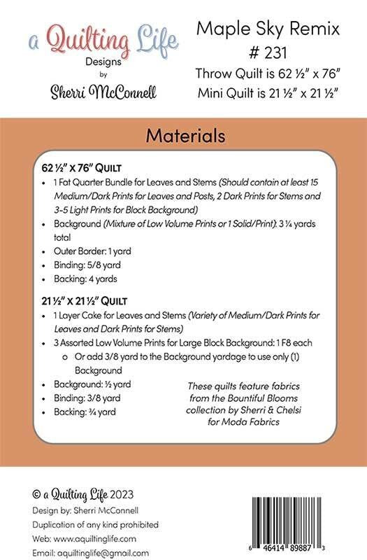 Maple Sky Remix Quilt Pattern, A Quilting Life Designs QLD231, FQ Fat Quarter Friendly Autumn Fall Leaves Quilt Pattern, Sherri McConnell