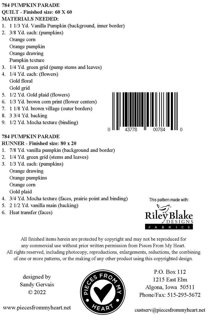 LAST CALL Pumpkin Parade Quilt Pattern, Pieces From My Heart PM784