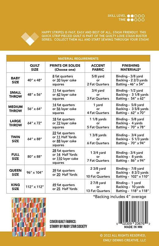 Happy Stripes Quilt Pattern, Quilty Love QLP144, FQ Fat Quarter Layer Cake Strip Friendly, Modern Contemporary Quilt Pattern in 8 Sizes