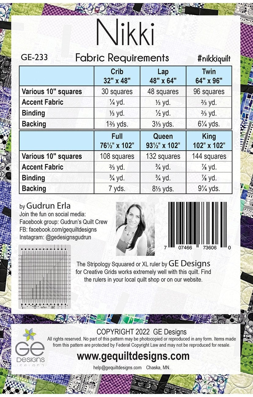 Nikki Quilt Pattern, GE Designs GE233, Layer Cake Friendly Crib Lap Twin Full Queen King Bed Quilt Pattern, Stripology Ruler Pattern