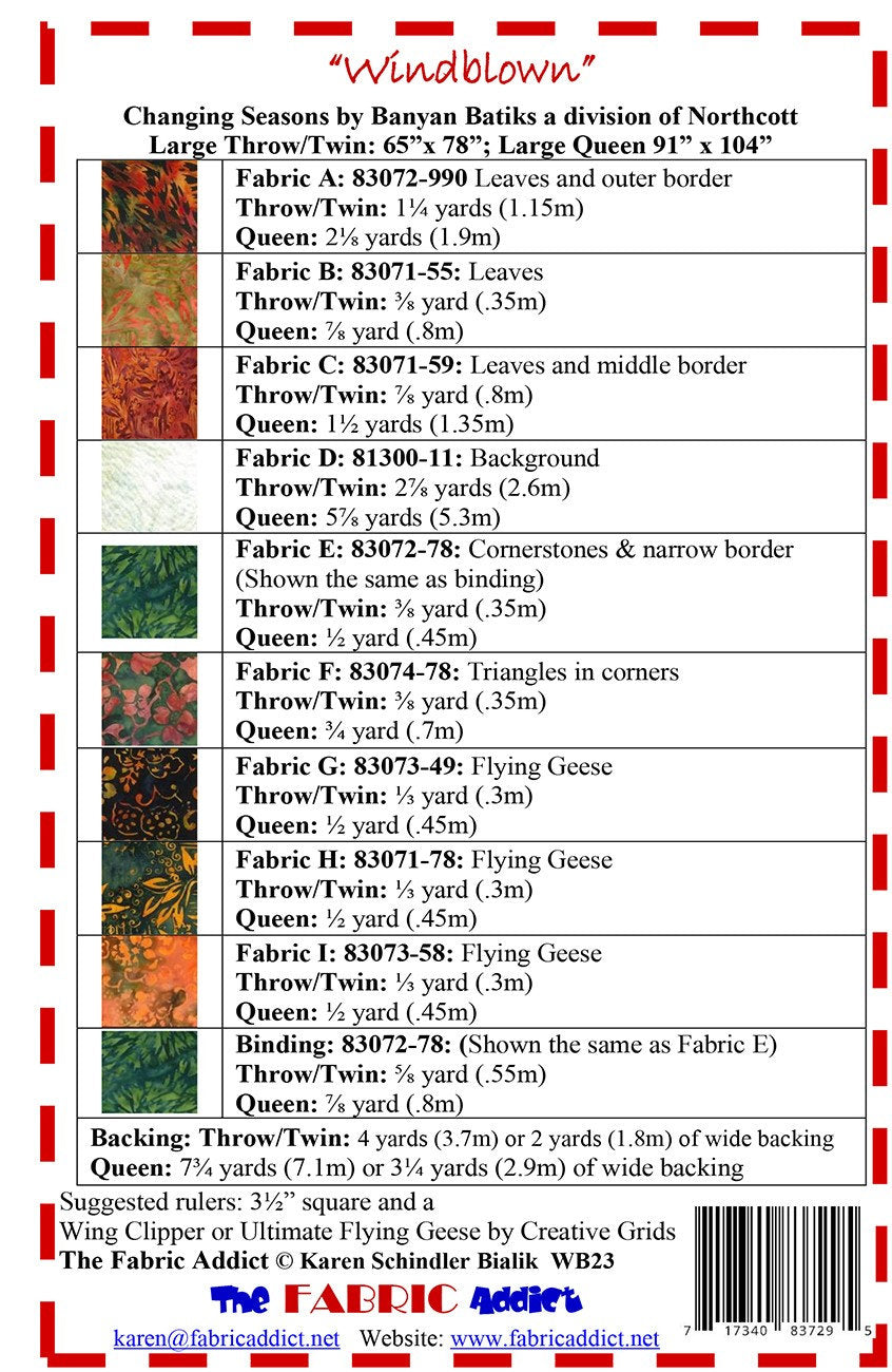 Windblown Quilt Pattern, The Fabric Addict WB23, Autumn Fall Leaves Throw Queen Quilt Pattern