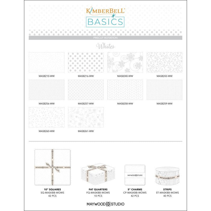 White on White 10" Squares, Maywood Studio SQ-MASKBB-Wows, Solid White Print Quilt Fabric Stack, 10" Precut Fabric Squares