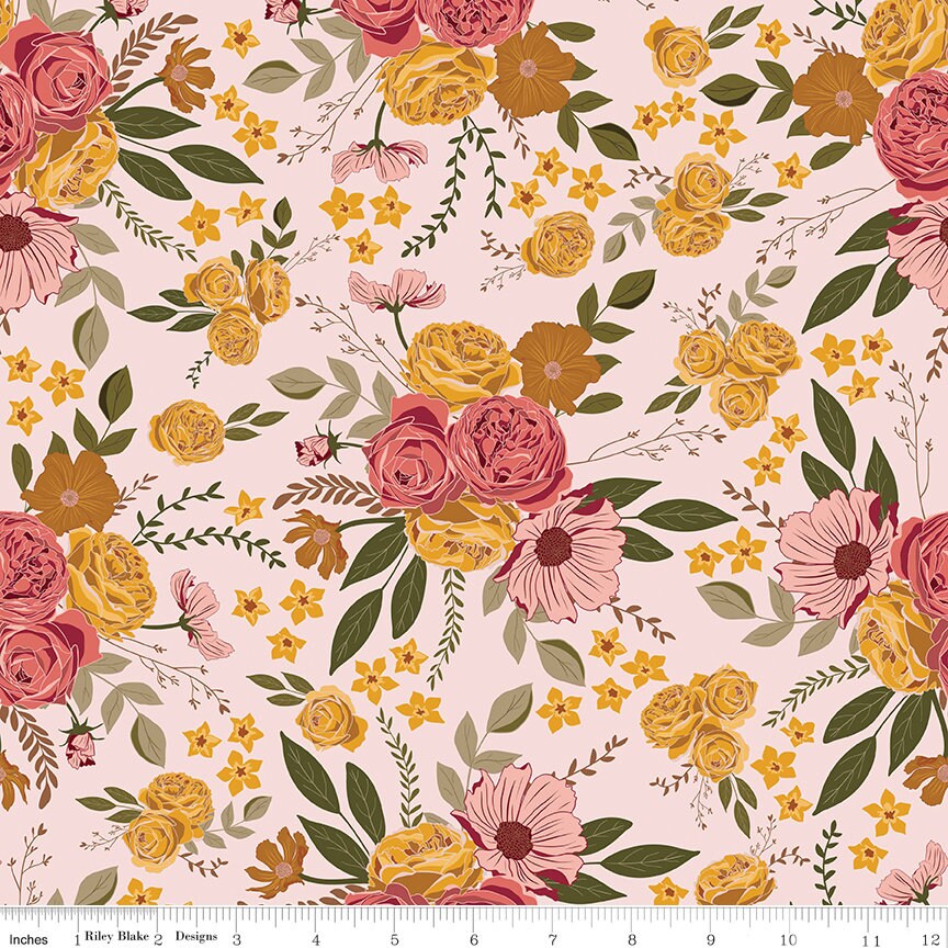 Petal Song 21 Piece Fat Quarter Bundle, Riley Blake FQ-13710-21, Mauve Gold Burgundy Floral Cotton Quilt Fabric, 18 x 22 Fabric Cuts