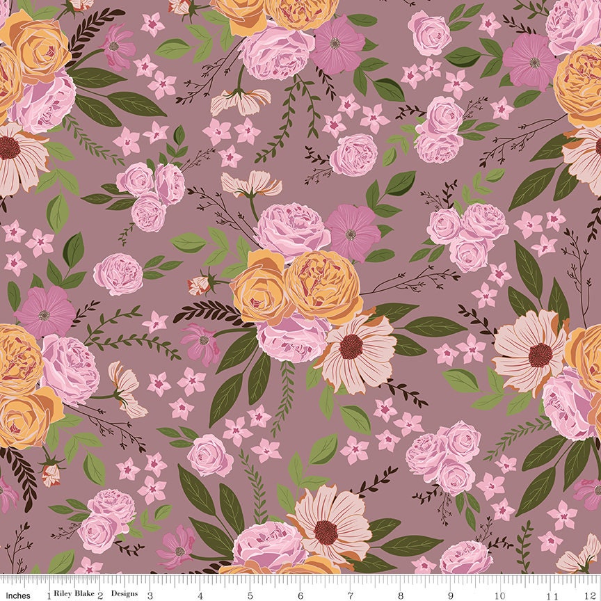 Petal Song 21 Piece Fat Quarter Bundle, Riley Blake FQ-13710-21, Mauve Gold Burgundy Floral Cotton Quilt Fabric, 18 x 22 Fabric Cuts