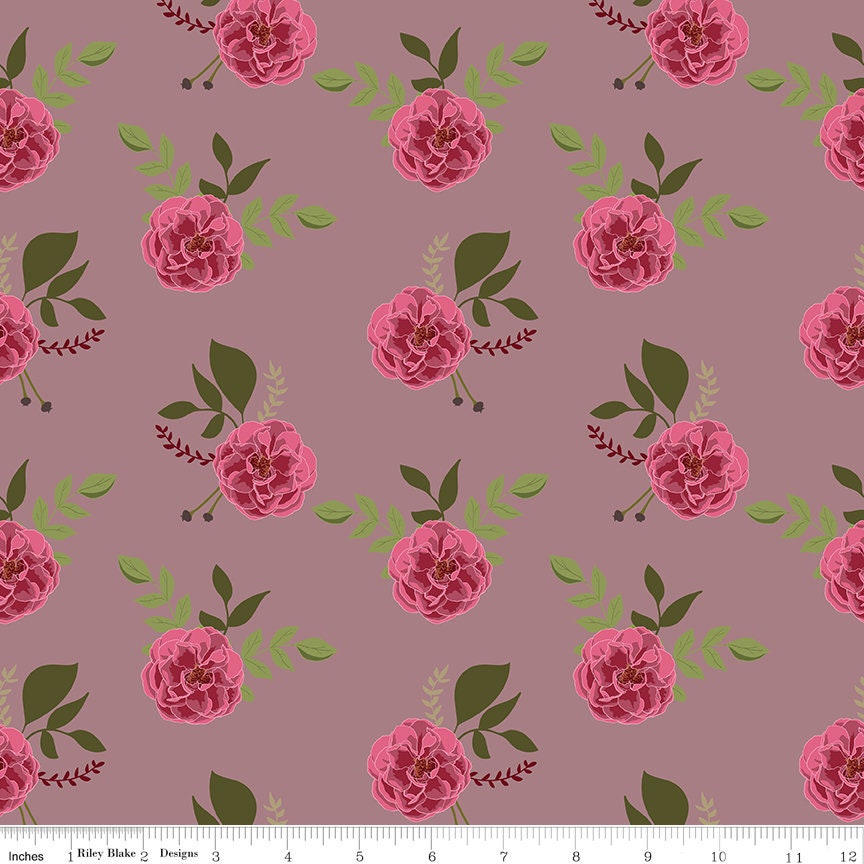 Petal Song 21 Piece Fat Quarter Bundle, Riley Blake FQ-13710-21, Mauve Gold Burgundy Floral Cotton Quilt Fabric, 18 x 22 Fabric Cuts