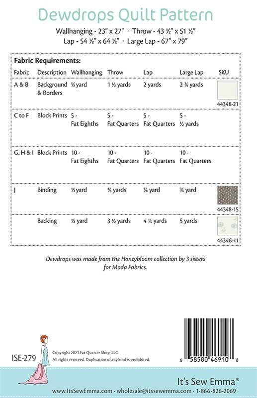 Dewdrops Quilt Pattern, It's Sew Emma ISE-279, Fat Eighths Quarters F8 FQ Half Yard HY Friendly Wall Lap Throw Twin Bed Quilt Pattern