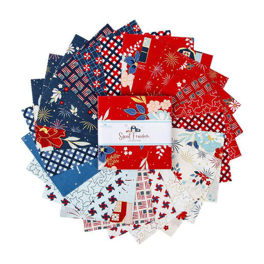 Sweet Freedom 5" Stacker, Riley Blake 5-14410-42, Red White Blue Patriotic Floral 5-Inch Precut Fabric Squares, Beverly McCullough