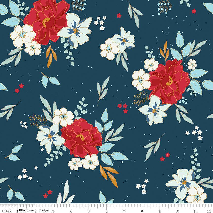 Sweet Freedom 5" Stacker, Riley Blake 5-14410-42, Red White Blue Patriotic Floral 5-Inch Precut Fabric Squares, Beverly McCullough