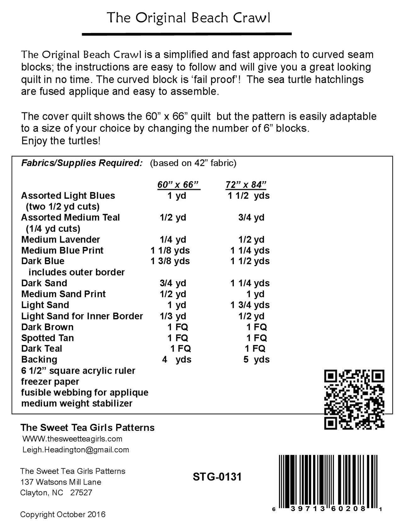 The Original Beach Crawl Quilt Pattern, The Sweet Tea Girls STG0131, Yardage Friendly Beach Sea Turtle Lap Throw Applique Quilt Pattern