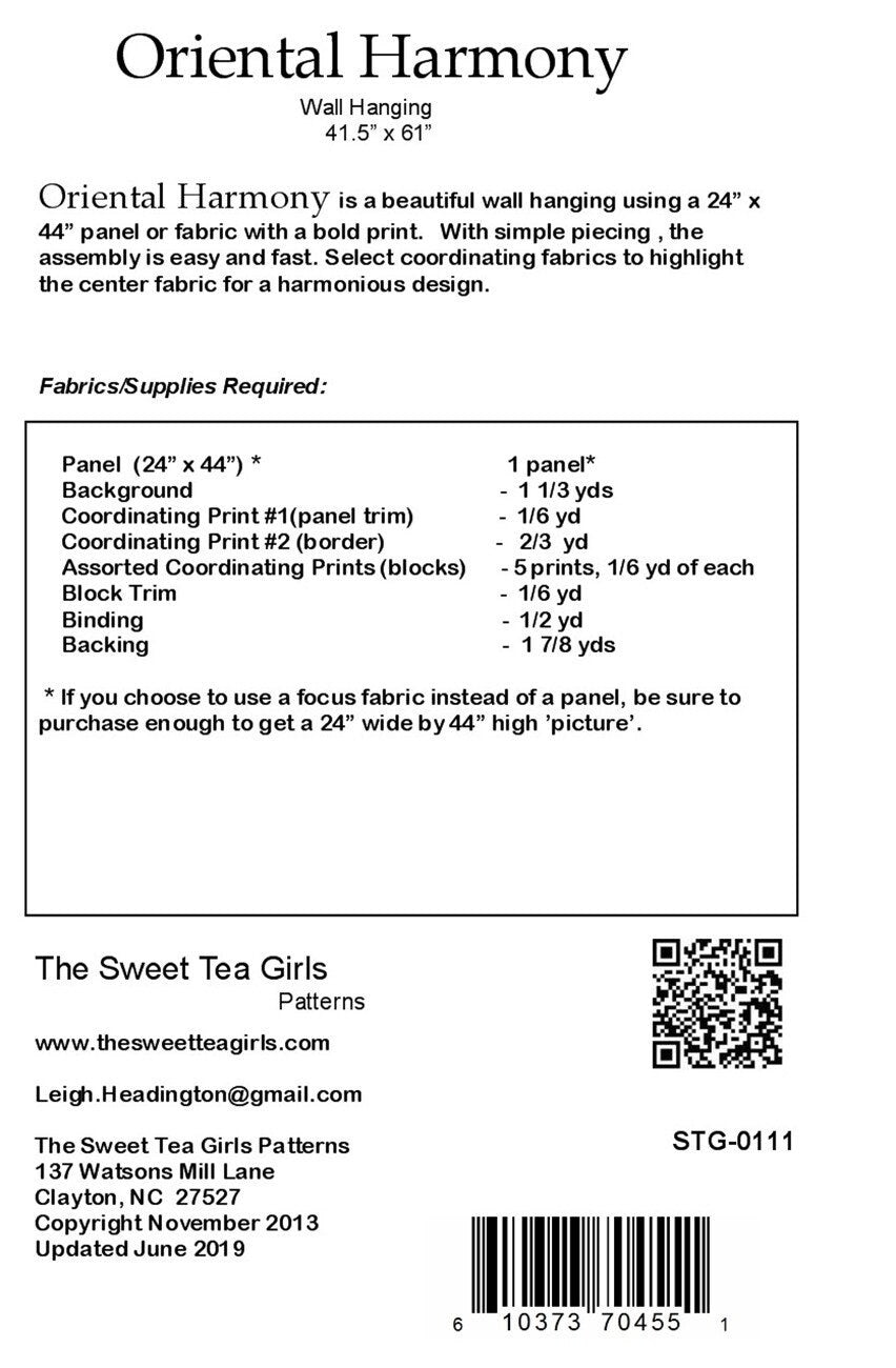 Oriental Harmony Quilt Pattern, The Sweet Tea Girls STG111 WI, Panel Yardage Friendly Panel Frame Lap Wall Quilt Pattern