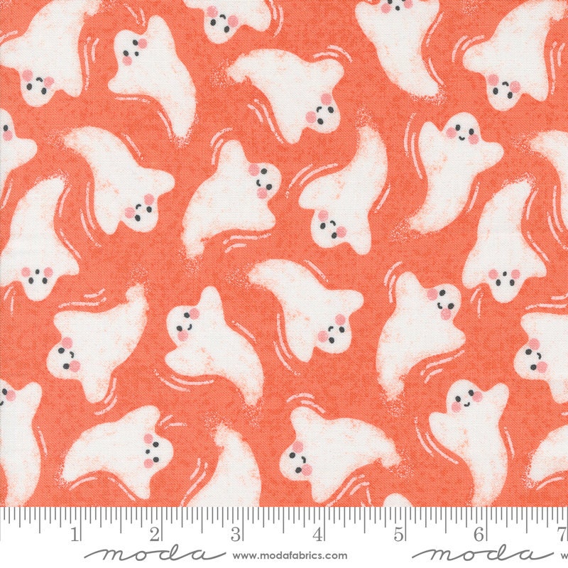 Hey Boo - Soft Pumpkin Friendly Ghost Halloween Fabric, Moda 5211 12, Ghosts on Orange Fabric, Lella Boutique, By the Yard