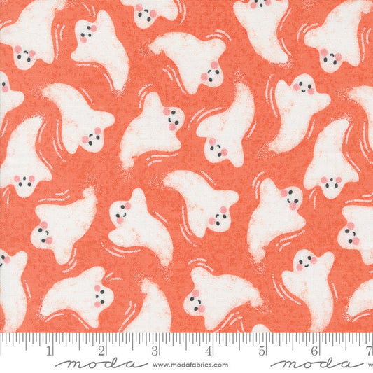 Hey Boo - Soft Pumpkin Friendly Ghost Halloween Fabric, Moda 5211 12, Ghosts on Orange Fabric, Lella Boutique, By the Yard