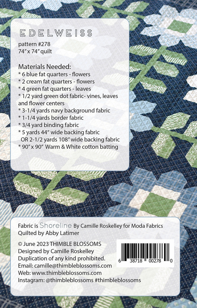 Edelweiss Quilt Pattern, Thimble Blossoms TB278, Fat Quarter Friendly Flower Square Throw Quilt Pattern