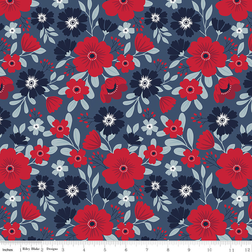 American Beauty Rolie Polie, Riley Blake RP-14440-40, Precut 2.5" Patriotic Floral Fabric Strips, Dani Mogstad