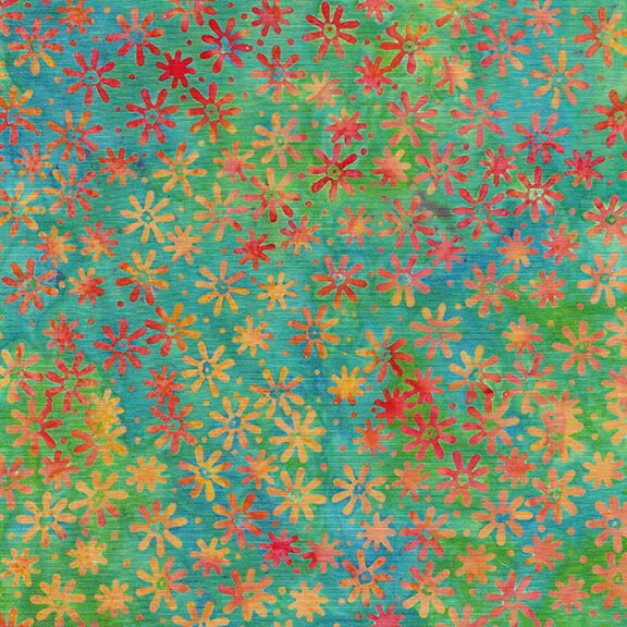 Daisy May Stack, Island Batik, 10" Precut Fabric Squares, Green Blue Orange Yellow Pink Batik Floral Fabric Squares