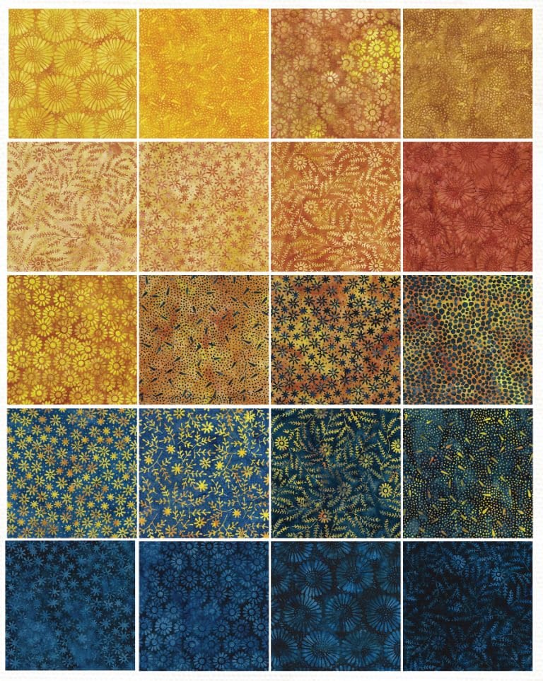 Twilight Stack, Island Batik, 10" Precut Fabric Squares, Gold Blue Floral Batik Fabric Squares