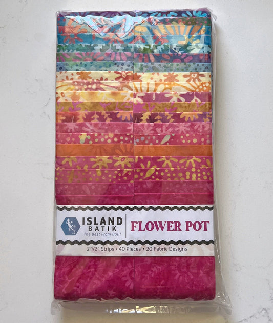 Flower Pot Strip Pack, Island Batik, Batik Jelly Roll, 2.5" Precut Fabric Strips, Yellow Pink Teal Floral Batik Fabric Strips