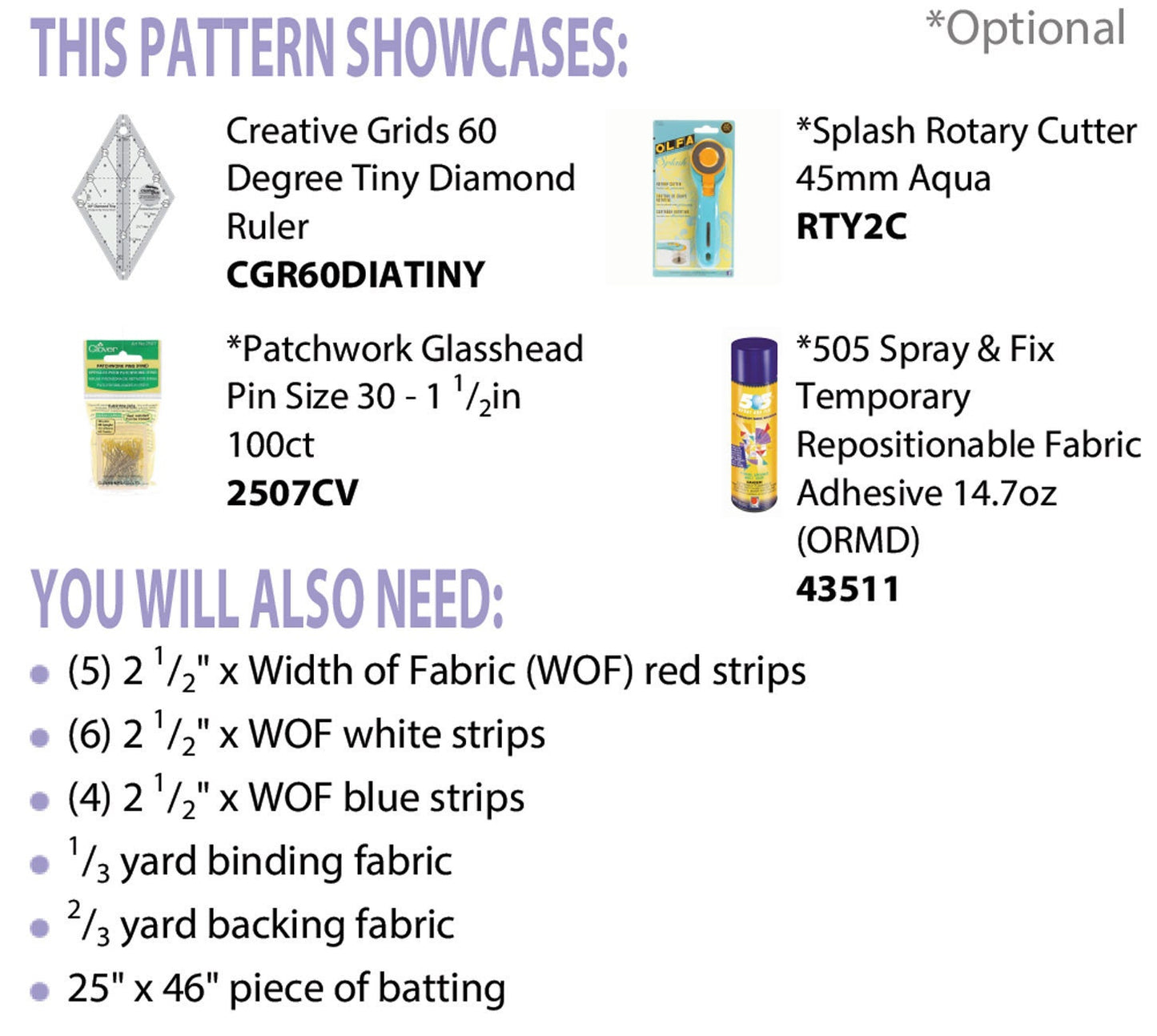 O Say Can You See Patriotic Table Runner Quilt Pattern, Cut Loose Press CLPKMS008, Creative Grids 60 Degree Diamond Tiny Ruler CGR60DIATINY