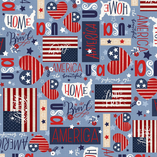 America the Beautiful - Patriotic 4 Way Text Icons Fabric, P & B Textiles AMTB5340-B, QOV Patriotic Fabric By the Yard