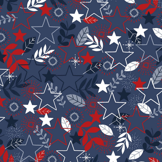 America the Beautiful - Stars Leaves Patriotic Dark Blue Fabric, P & B Textiles AMTB5345-DB, QOV Patriotic Fabric By the Yard