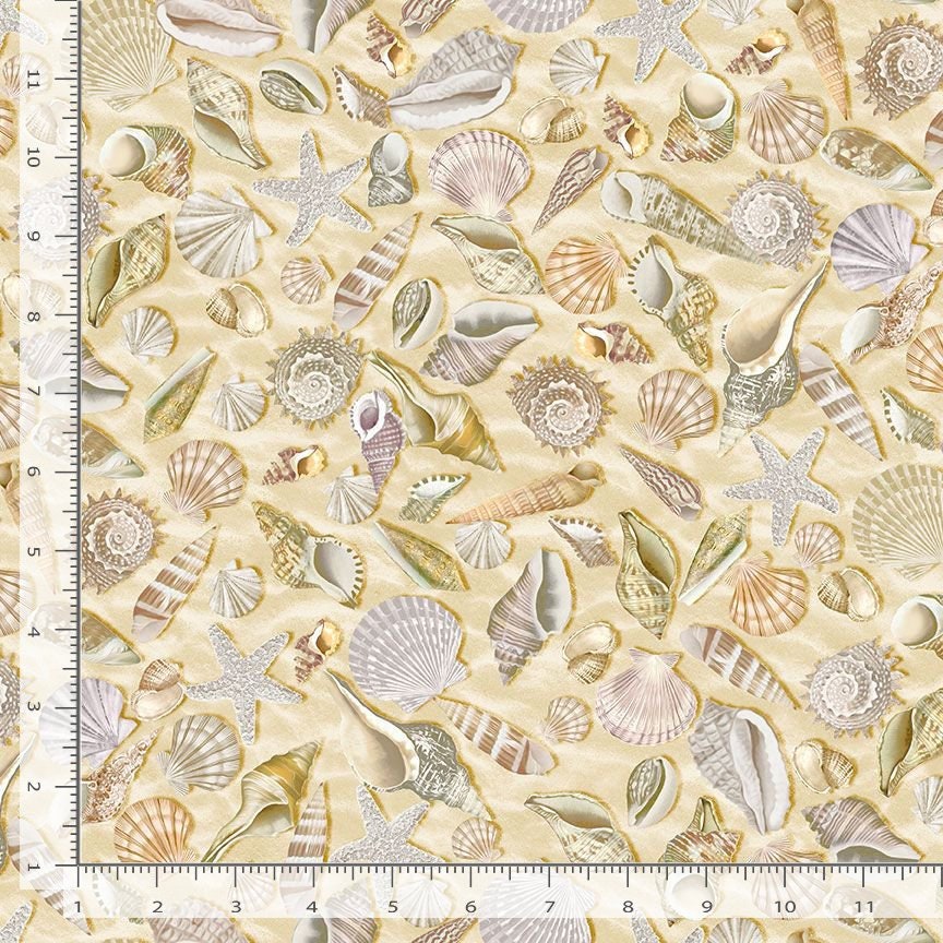 REMNANT 2 Yards 11" of 108" Wide Backings - Shells on Sand Wide Quilt Back Fabric, Timeless Treasures XBEACH-CD5353 SHELL, Quilt Backing