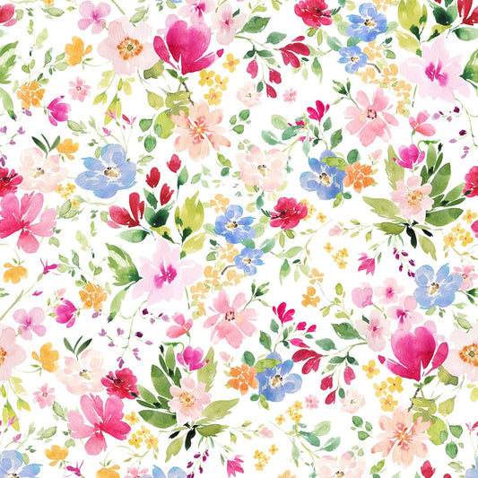 Flourish - White Digital Packed Floral Fabric, Clothworks Y4094-1 White, Pink Blue Green Mixed Watercolor Flowers Fabric, By the Yard