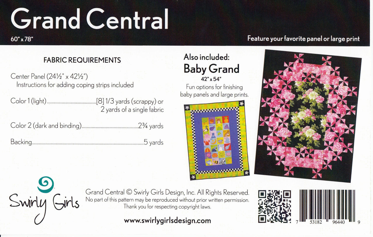 Grand Central Quilt Pattern, Swirly Girls Design SGD012, Panel or Focal Print Friendly Throw Baby Quilt Pattern