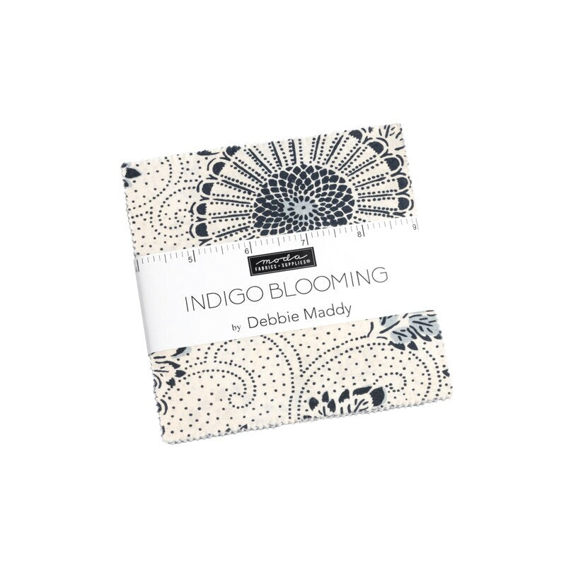 Indigo Blooming Charm Pack, Moda 48090PP, 5" Precut Blue Cream Fabric Squares, Debbie Maddy