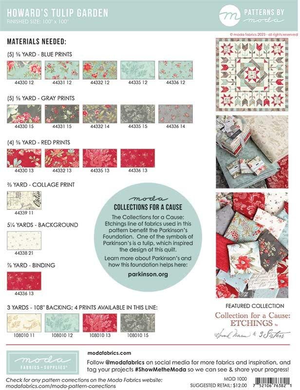 Howard's Tulip Garden Quilt Pattern, Moda MOD1000, Yardage Friendly Tulips Flower Star Oversized Square Throw Quilt Pattern