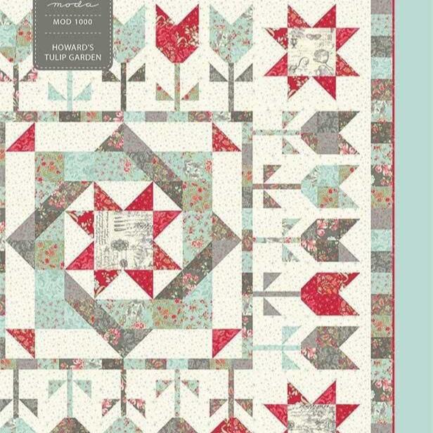Howard's Tulip Garden Quilt Pattern, Moda MOD1000, Yardage Friendly Tulips Flower Star Oversized Square Throw Quilt Pattern