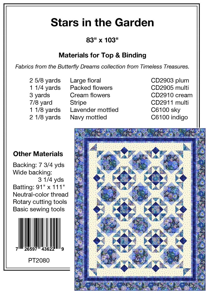 Stars in the Garden Quilt Pattern, Pine Tree Country Quilts PT2080, Yardage Friendly Star Throw Queen Bed Quilt Pattern