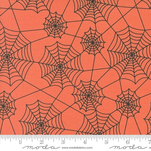 Hey Boo - Soft Pumpkin Black Spiderwebs Halloween Fabric, Moda 5213 12, Spiderwebs on Orange Fabric, Lella Boutique, By the Yard