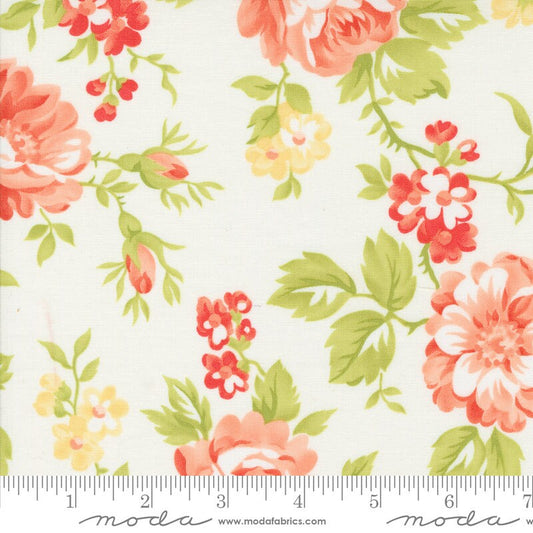 Jelly and Jam - Cotton Summer Bloomers Large Floral Fabric, Moda 20490 11, Fig Tree Co, Coral Red Yellow Floral on Cream Fabric, By the Yard