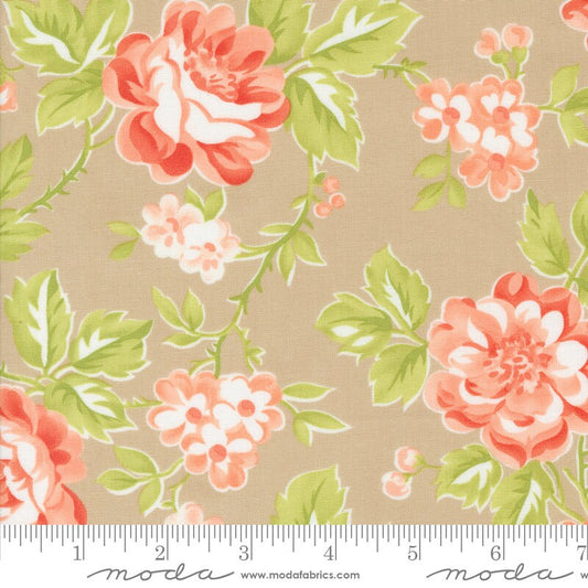 108" Jelly and Jam - Pie Crust Coral Floral on Taupe Wide Quilt Back Fabric, Moda 108014 24, Cotton Sateen Quilt Backing Fabric, By the Yard