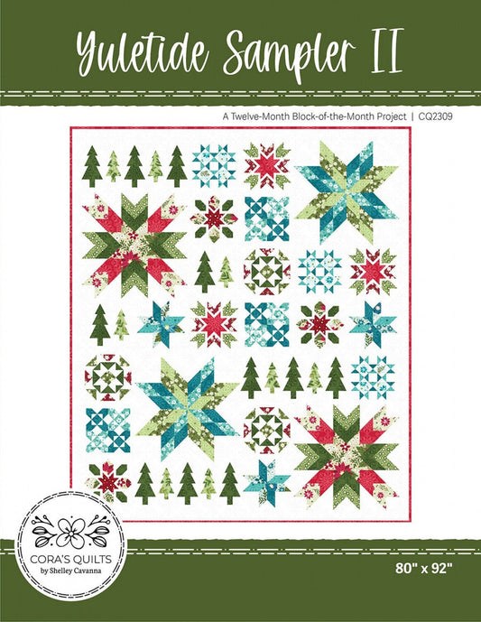 Yuletide Sampler II 2 BOM Quilt Pattern, Cora's Quilts CQ2309, Yardage Friendly Christmas Xmas Trees Stars Oversized Throw Quilt Pattern