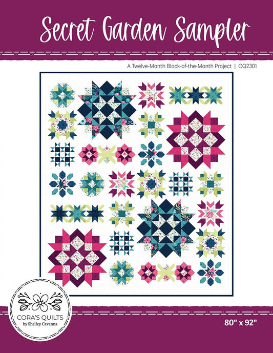 Secret Garden Sampler BOM Quilt Pattern, Cora's Quilts CQ2301, Yardage Friendly Flowers Stars Oversized Throw Quilt Pattern