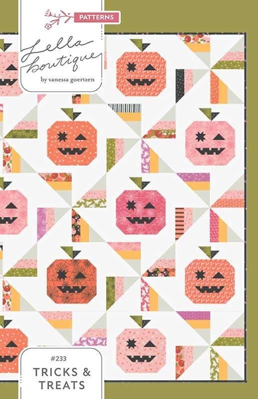 Tricks and Treats Quilt Pattern, Lella Boutique LB233, Jelly Roll Strip Friendly Halloween Pumpkins Jack O Lanterns Throw Bed Quilt Pattern