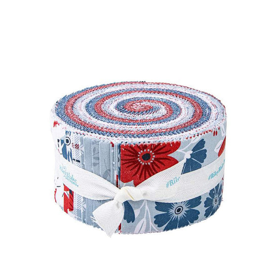 American Beauty Rolie Polie, Riley Blake RP-14440-40, Precut 2.5" Patriotic Floral Fabric Strips, Dani Mogstad