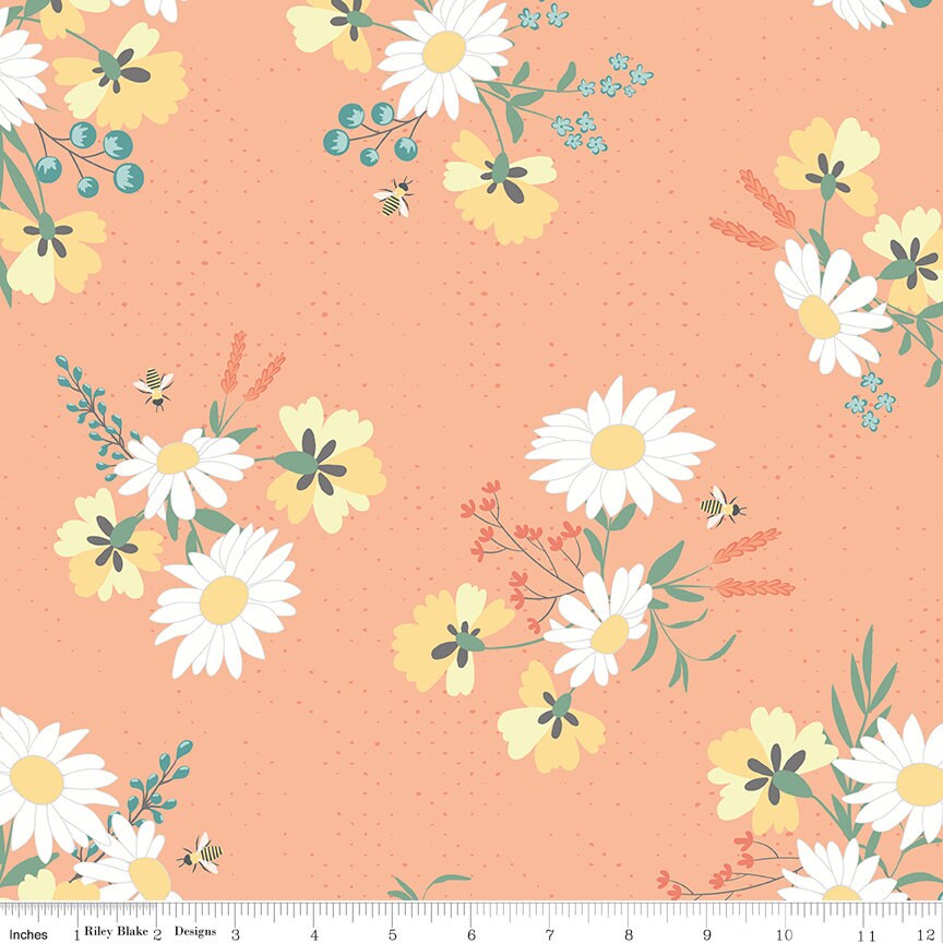 Sunshine and Sweet Tea Rolie Polie, Riley Blake RP-14320-40, Precut 2.5" Fabric Strips, Bees Flowers Fabric Strip Roll, Amanda Castor