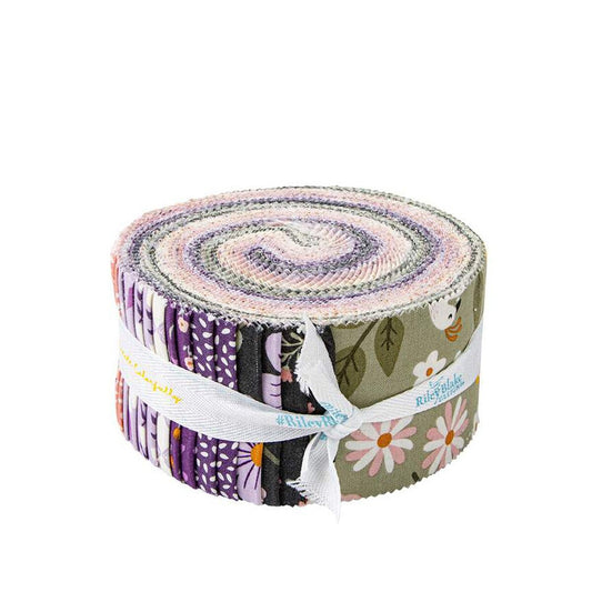 Let it Bloom Rolie Polie, Riley Blake RP-14280-40, Precut 2.5" Fabric Strips, Pink Green Purple Fabric Strip Roll, Little Forest Atelier
