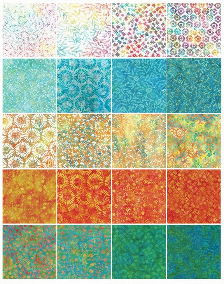 Daisy May Stack, Island Batik, 10" Precut Fabric Squares, Green Blue Orange Yellow Pink Batik Floral Fabric Squares